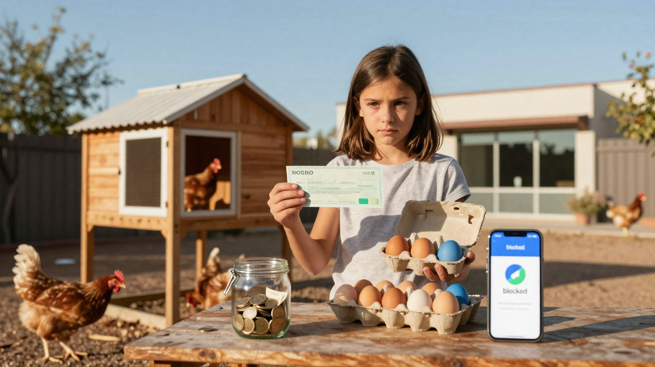 Criança mostra cheque e ovos coloridos, com galinhas, jarra de moedas e celular em mesa ao ar livre.
