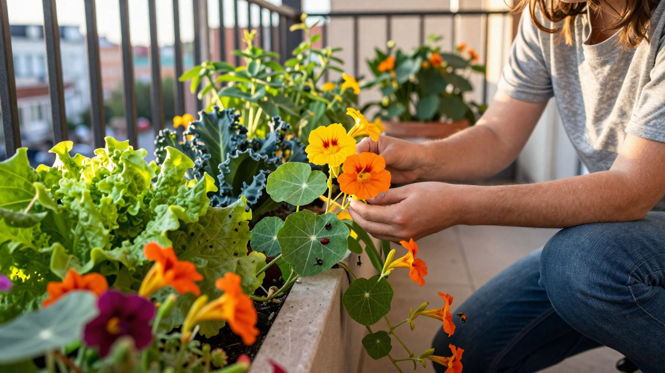 Pessoa cuidando de flores coloridas em vaso grande na varanda ensolarada de apartamento.
