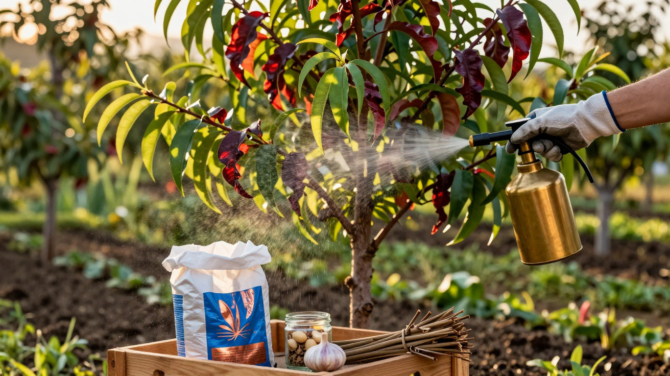 Pessoa pulverizando planta com pulverizador dourado em horta com produtos naturais sobre caixa de madeira.