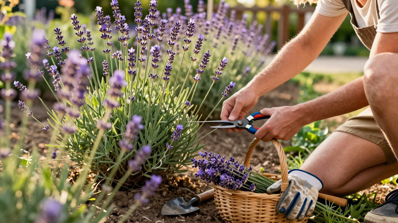 Pessoa cortando flores de lavanda em jardim ensolarado, com cesta de vime e ferramentas de jardinagem.