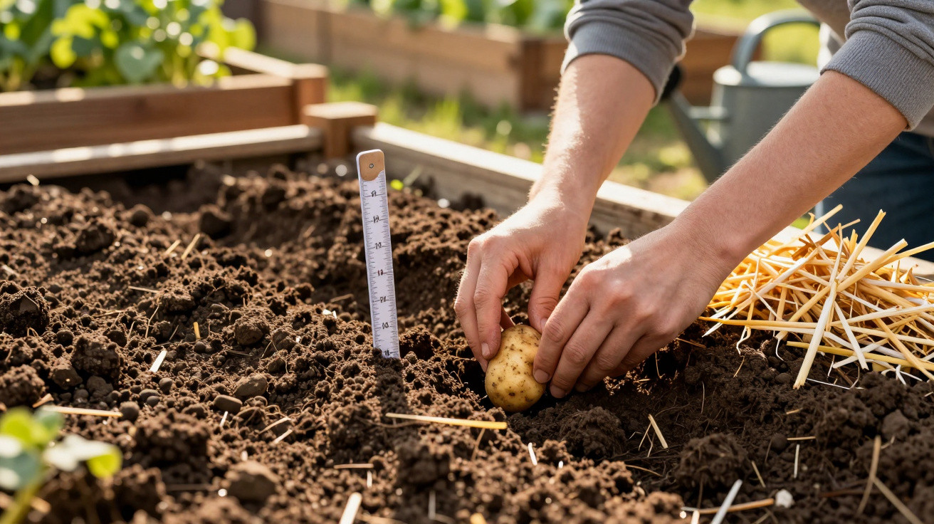 Pessoa plantando batata em solo preparado com medidor de profundidade em horta.