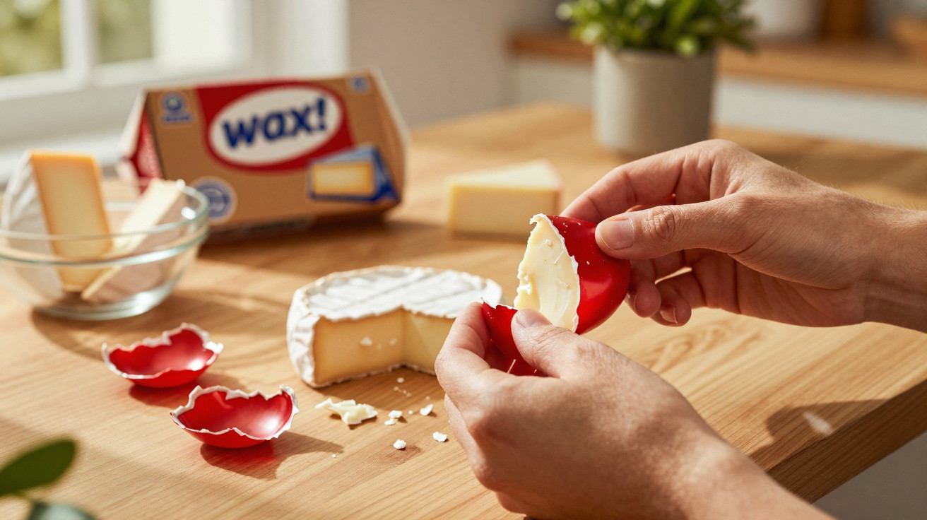 Mãos abrindo queijo cremoso com embalagem vermelha, queijo em roda e pedaços sobre mesa de madeira.