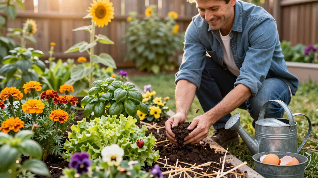 Homem cuidando do jardim, plantando no canteiro entre flores, alface e manjericão ensolarado.