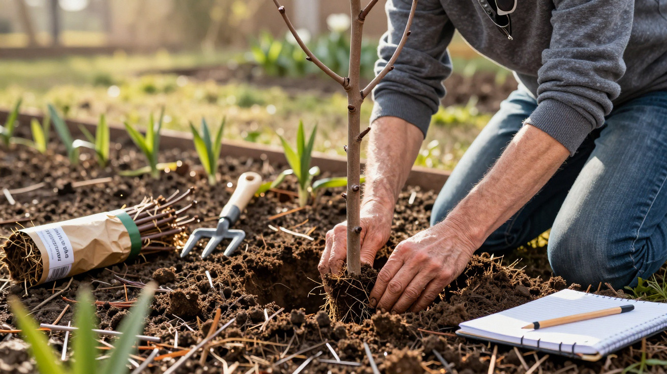 Pessoa plantando muda em jardim, com enxada pequena, caderno e lápis ao lado, em dia ensolarado.