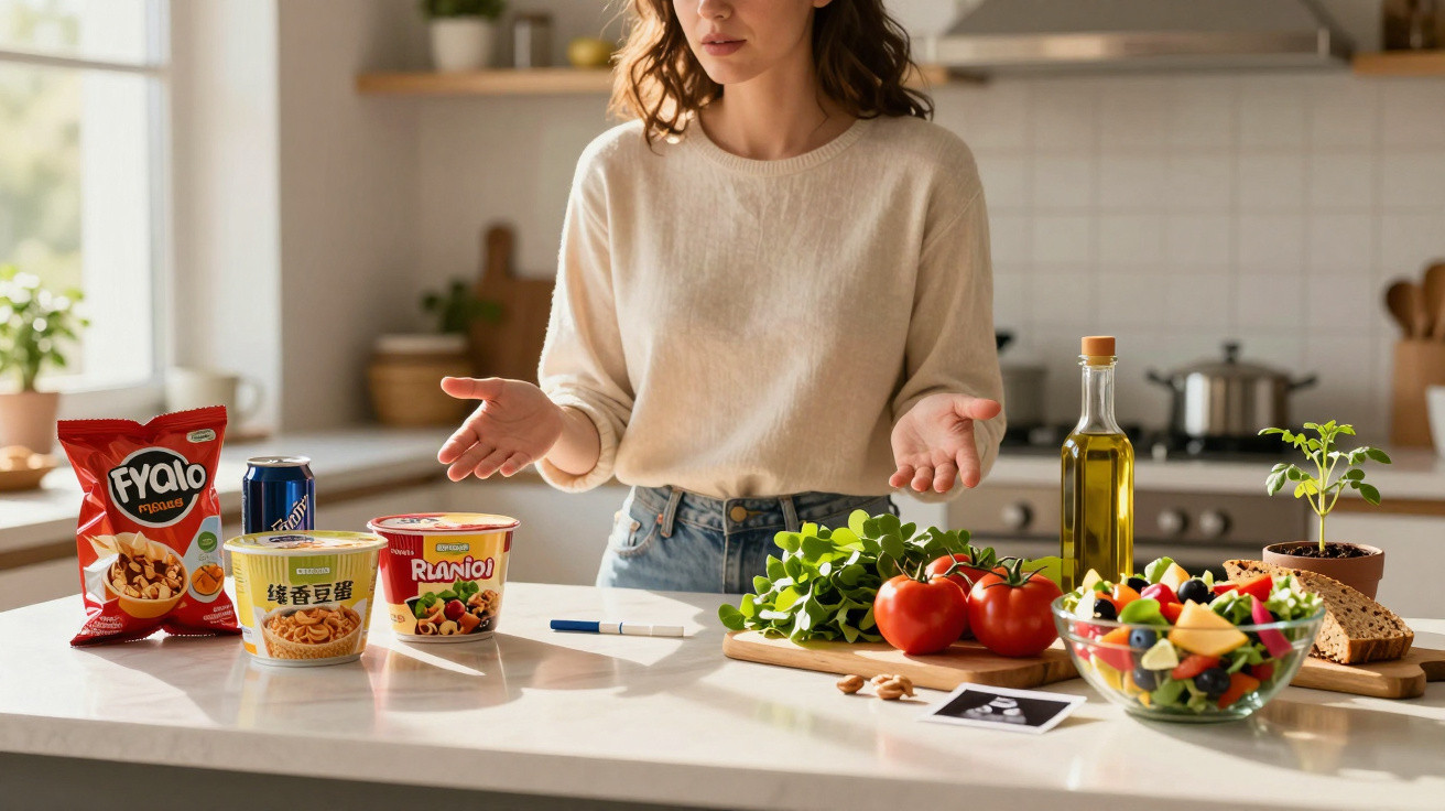 Mulher indecisa entre alimentos industrializados e opções saudáveis na cozinha moderna.