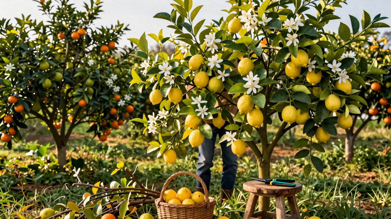 Limoeiro com frutos amarelos e flores brancas, cesta de limões e pessoa ao fundo em pomar ensolarado.