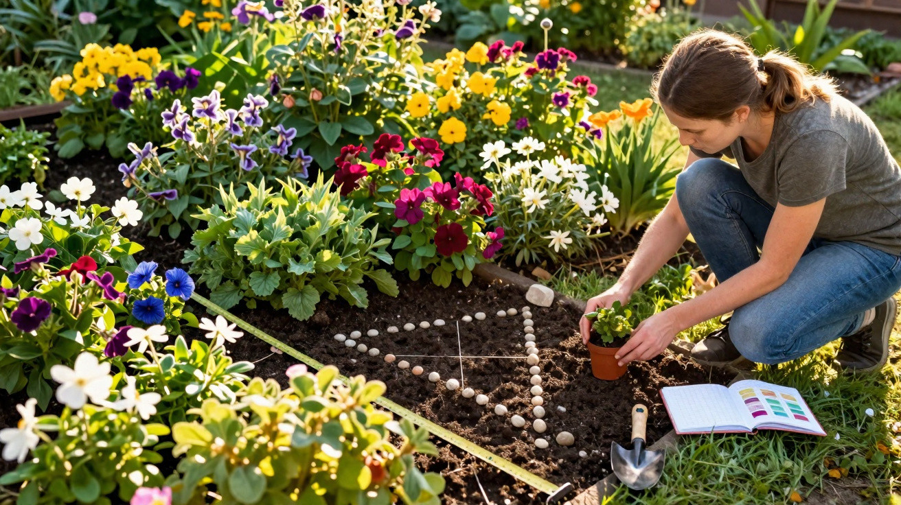 Mulher jardineira plantando flores num canteiro bem cuidado com variedade de flores coloridas ao redor.