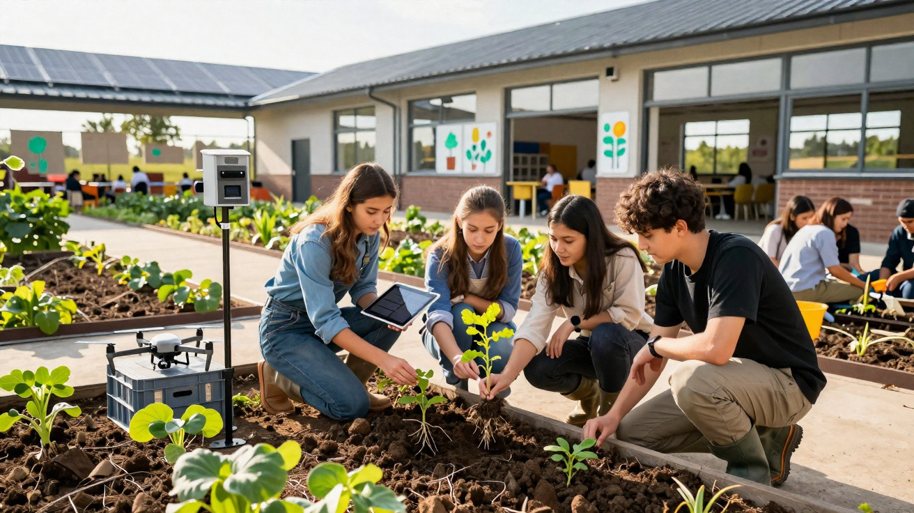 Quatro jovens cultivam plantas em canteiros de solo fértil em ambiente escolar com tecnologia e estufa.