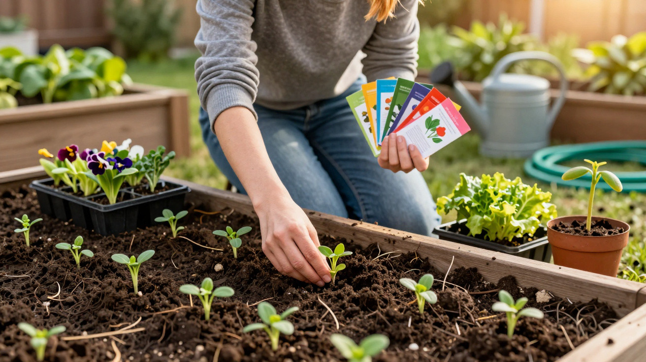 Pessoa plantando mudas em canteiro de jardim, segurando cartões com imagens de legumes e flores.