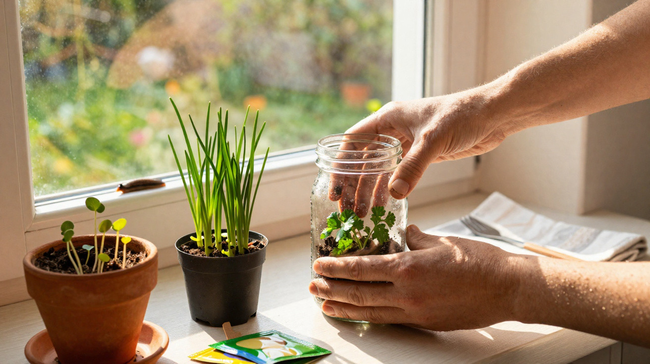 Mãos cuidando de plantas em vasos na janela com luz natural e pacotes de sementes sobre a mesa.