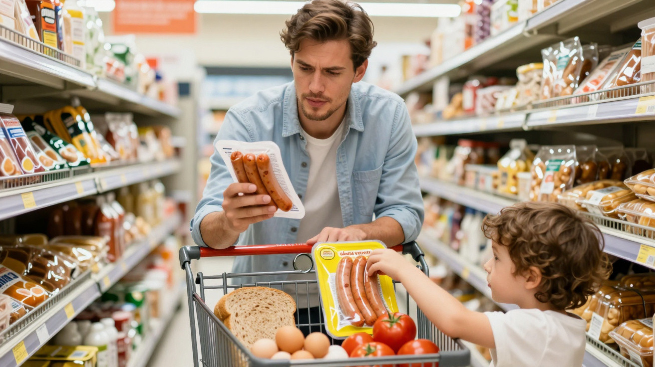 Homem e criança escolhem linguiças no corredor de supermercado, carrinho com pão, ovos e tomates.