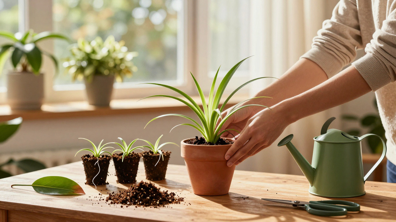 Pessoa transplantando planta em vaso de barro sobre mesa de madeira com regador e vasos pequenos.