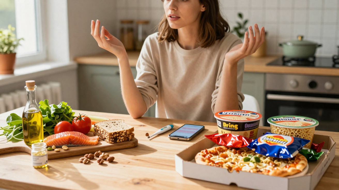Mulher em dúvida entre alimentos saudáveis e industrializados em mesa de cozinha.