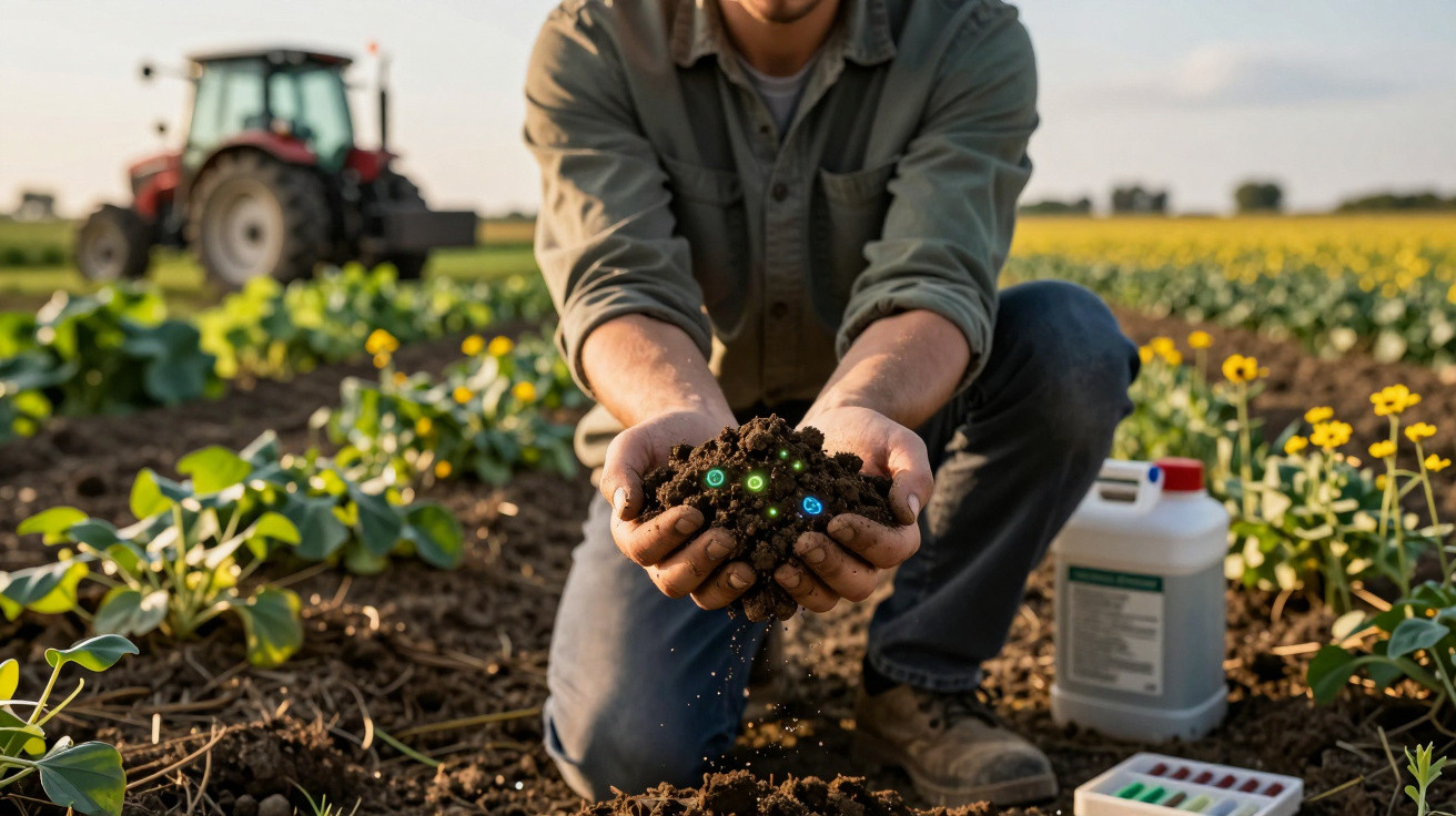 Agricultor segurando terra fértil com nutrientes, plantações e trator ao fundo em campo aberto.