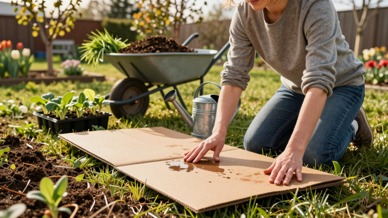 Pessoa ajoelhada regando terra com regador e preparando papelão para jardinagem ao ar livre.