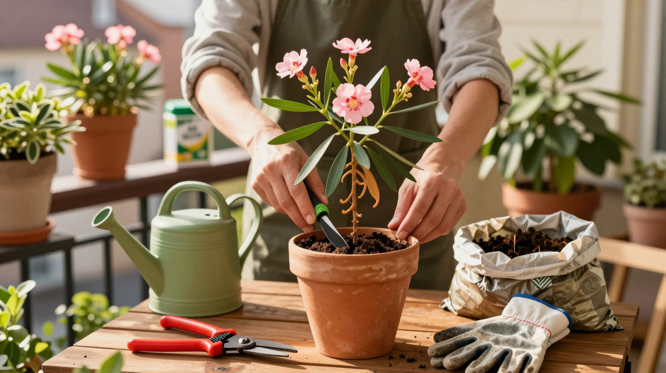 Pessoa cuidando de planta com flores cor-de-rosa em vaso de barro, ao redor ferramentas de jardinagem.