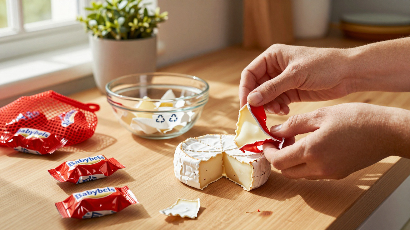 Mãos descascando queijo Babybel de tamanho grande sobre mesa de madeira com embalagens e vaso de planta.