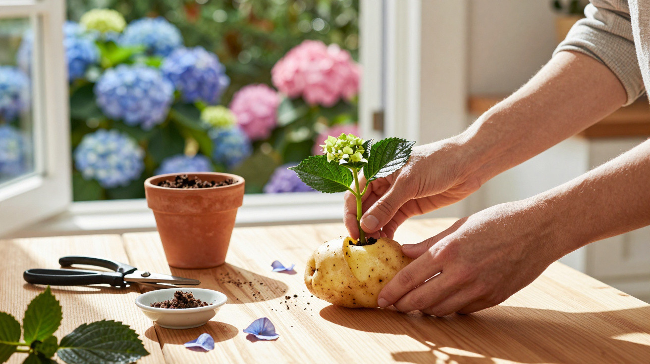 Mãos plantando muda de flor hortênsia em batata sobre mesa com vaso, terra e tesoura próximo à janela.