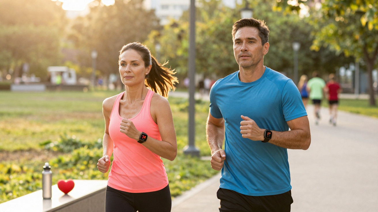 Casal vestido com roupas esportivas correndo em parque ao entardecer.