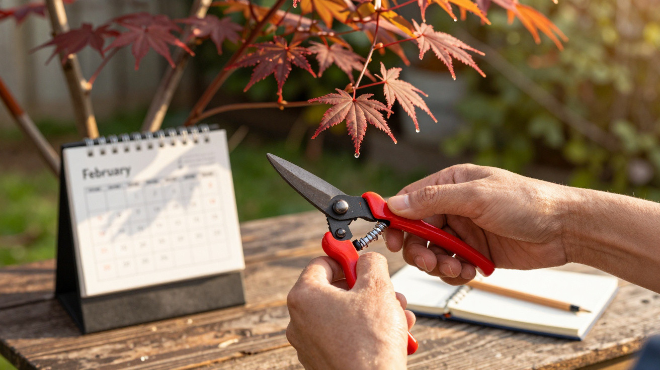 Mãos manuseando tesoura de poda vermelha perto de calendário de fevereiro e folhas de árvore avermelhadas.