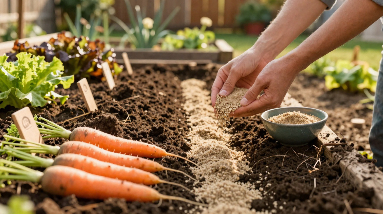 Mãos espalhando fertilizante granular em canteiro de terra com cenouras e alfaces plantadas.