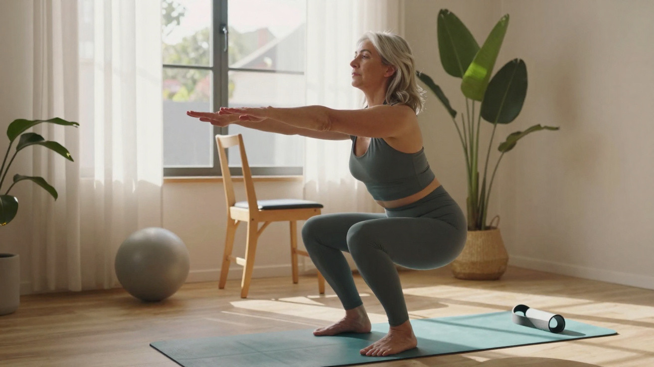 Mulher madura fazendo agachamento em tapete de yoga em sala clara com plantas e bola de pilates.
