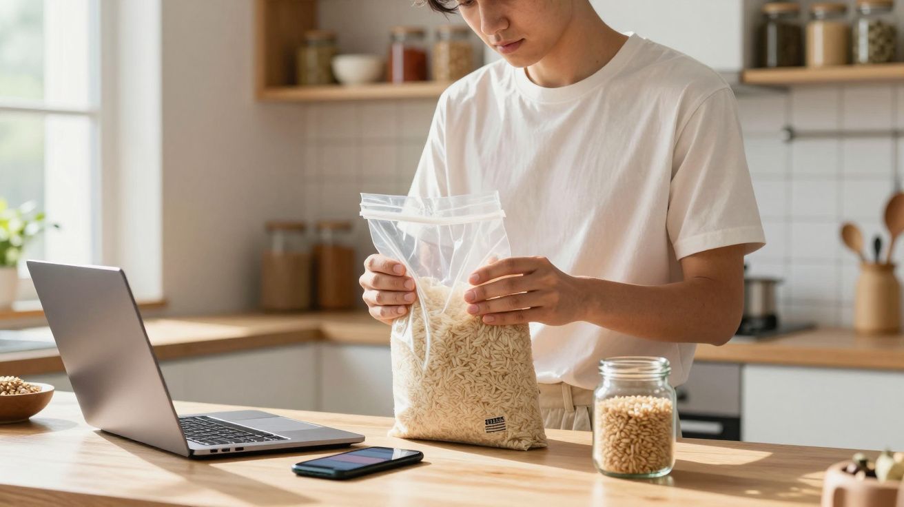 Pessoa em cozinha segurando saco plástico com arroz e olhando para laptop sobre mesa de madeira.
