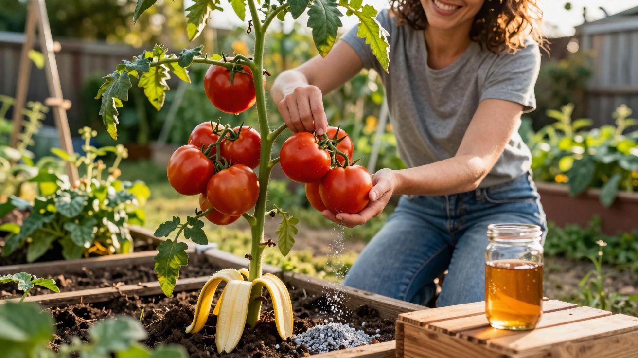 Mulher colhendo tomates em pé de tomateiro plantado em jardim, com casca de banana no solo.