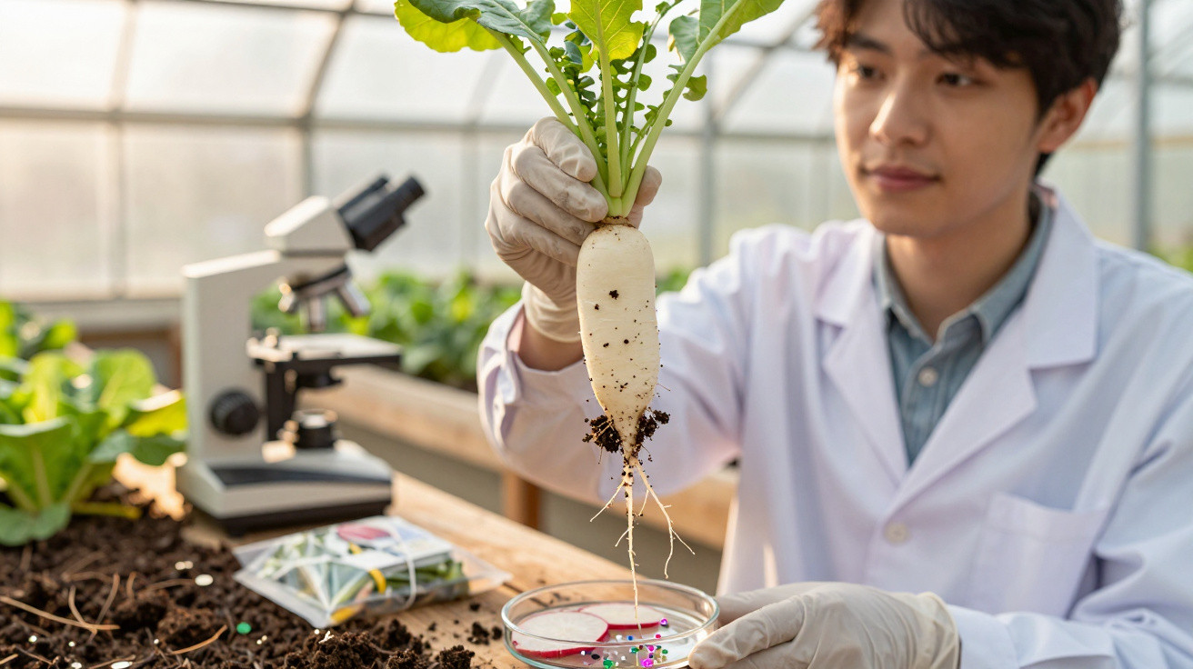 Pesquisador em jaleco e luvas segura um rabanete branco para análise em laboratório de agricultura.
