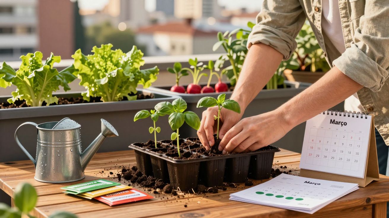 Pessoa transplantando mudas em bandeja, com regador, sementes, plantas e calendário de março na mesa.