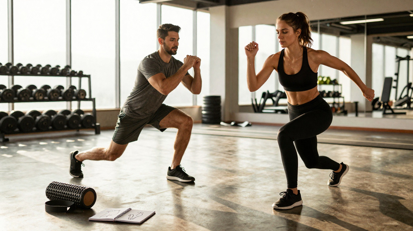 Homem e mulher fazem exercício de avanço em academia moderna com espelhos e equipamentos ao fundo.