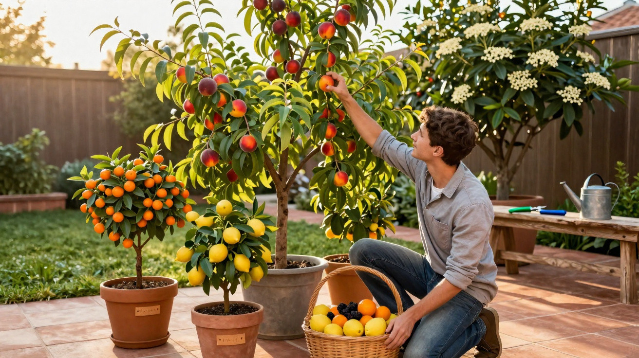 Homem colhendo pêssegos em árvore frutífera em vaso no jardim com cesto e outras plantas ao redor.