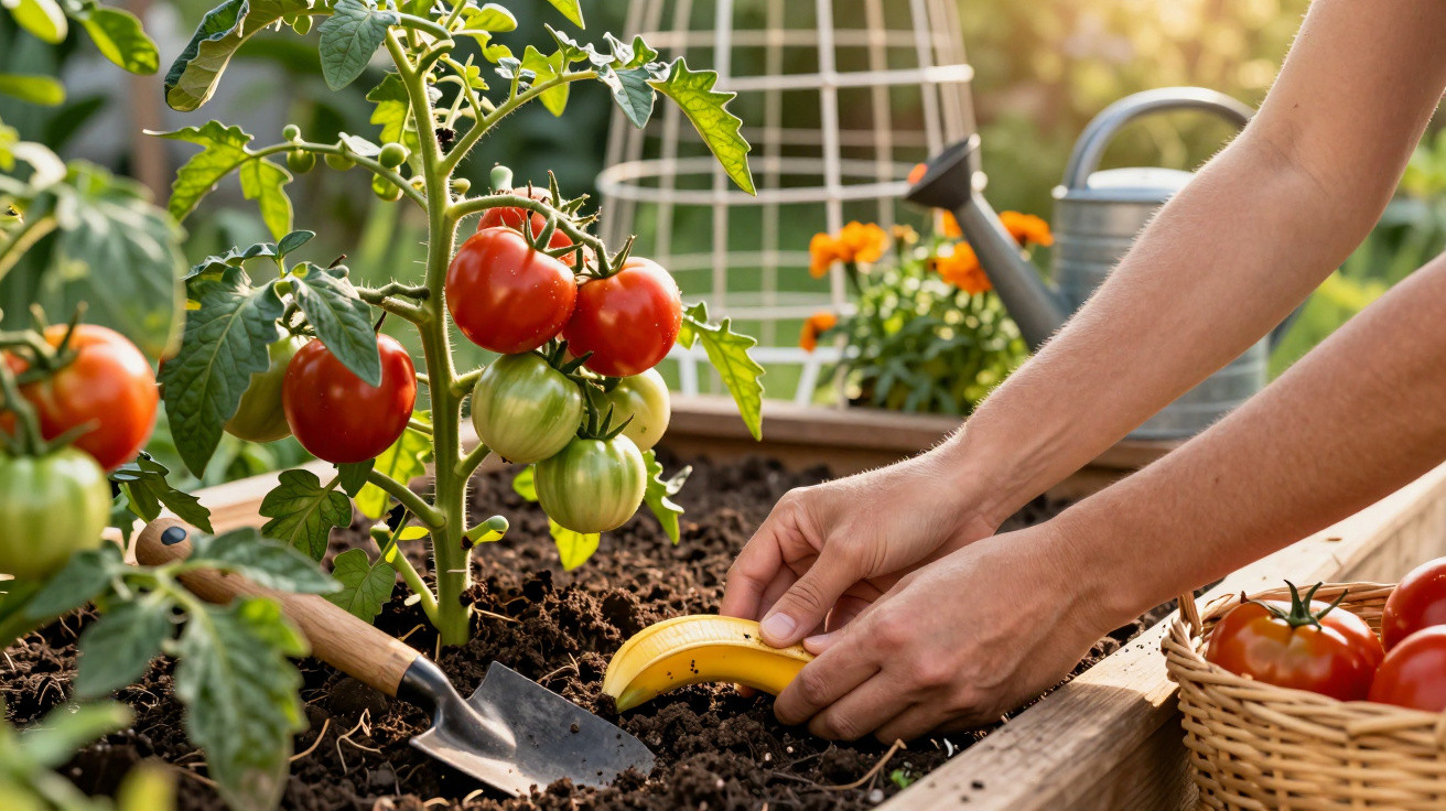 Pessoa plantando muda de banana em vaso de madeira com tomates maduros e ferramentas de jardinagem.