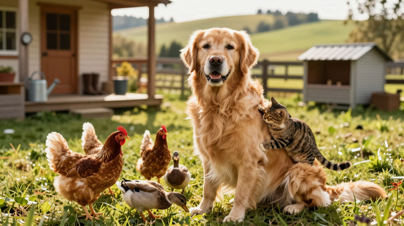 Cão golden retriever sentado no gramado com gato subindo em suas costas e galinhas ao redor.