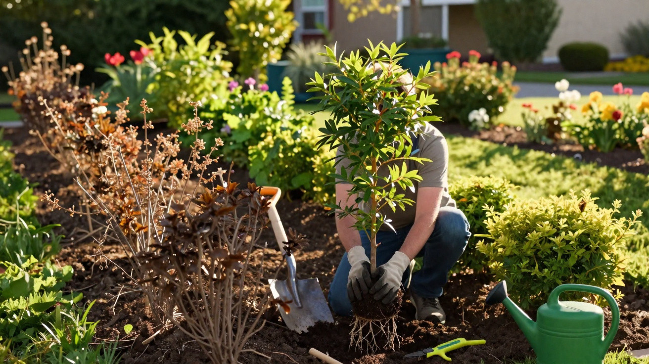 Pessoa plantando árvore em jardim com ferramentas de jardinagem e regador ao redor.