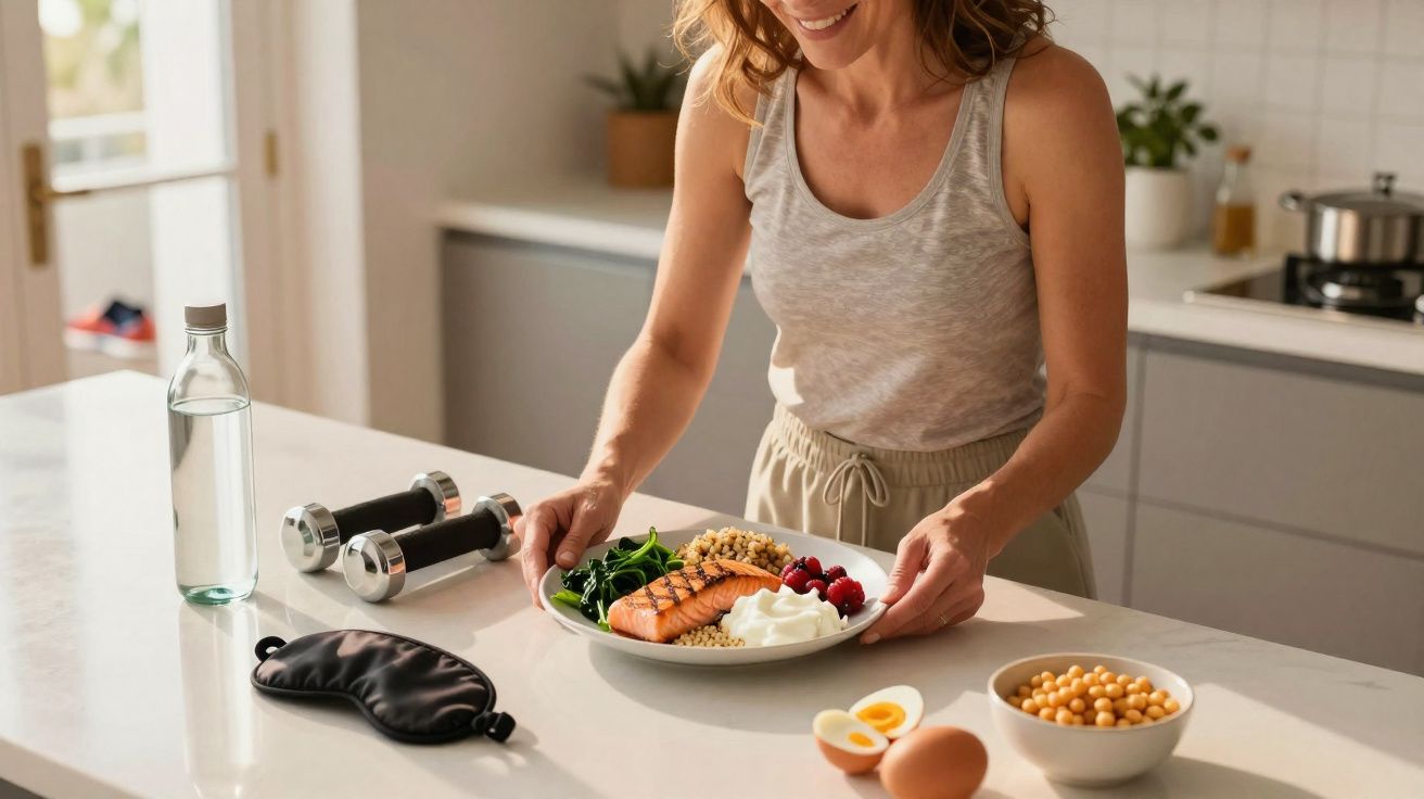 Mulher sorrindo preparando prato saudável com salmão, vegetais, iogurte e frutas na cozinha moderna.