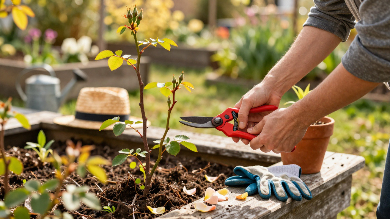 Pessoa podando planta com tesoura de jardinagem em canteiro elevado ao ar livre.