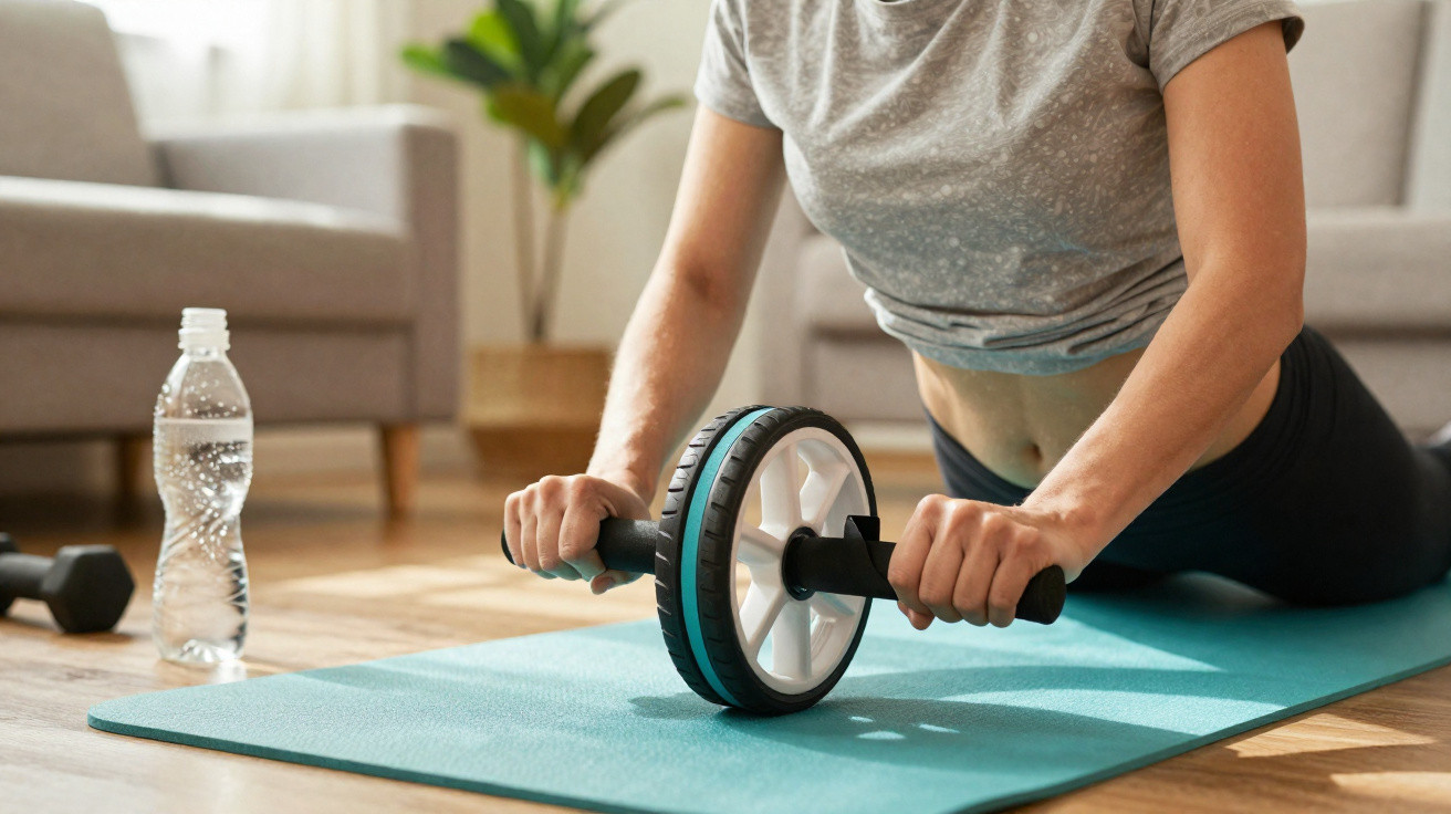Pessoa usando roda de exercícios no chão de casa, com garrafa d'água e halteres próximos.
