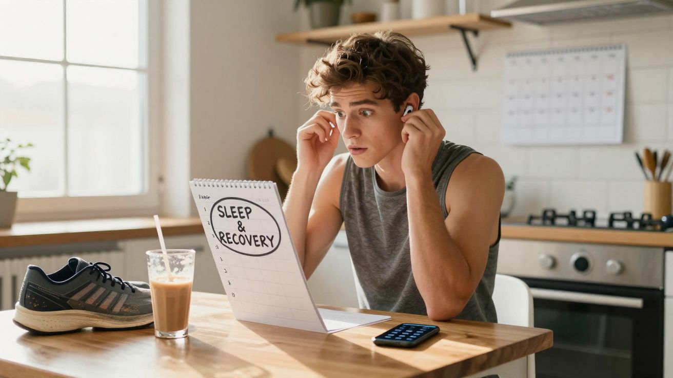 Jovem com camiseta regata ajustando fones de ouvido enquanto confere um calendário com foco em sono e recuperação.