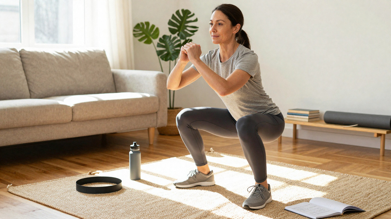 Mulher faz agachamento em sala de estar com garrafa, livro e equipamentos de exercício ao redor.