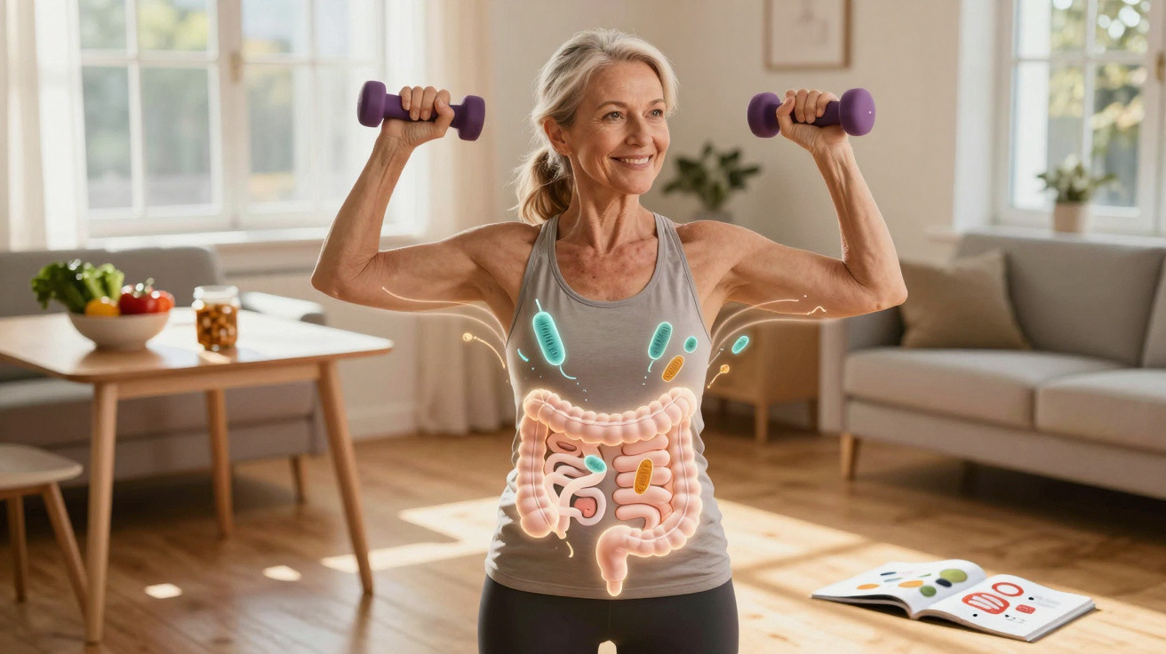 Mulher idosa se exercitando com halteres, com ilustração do intestino e bactérias sobreposta no corpo.