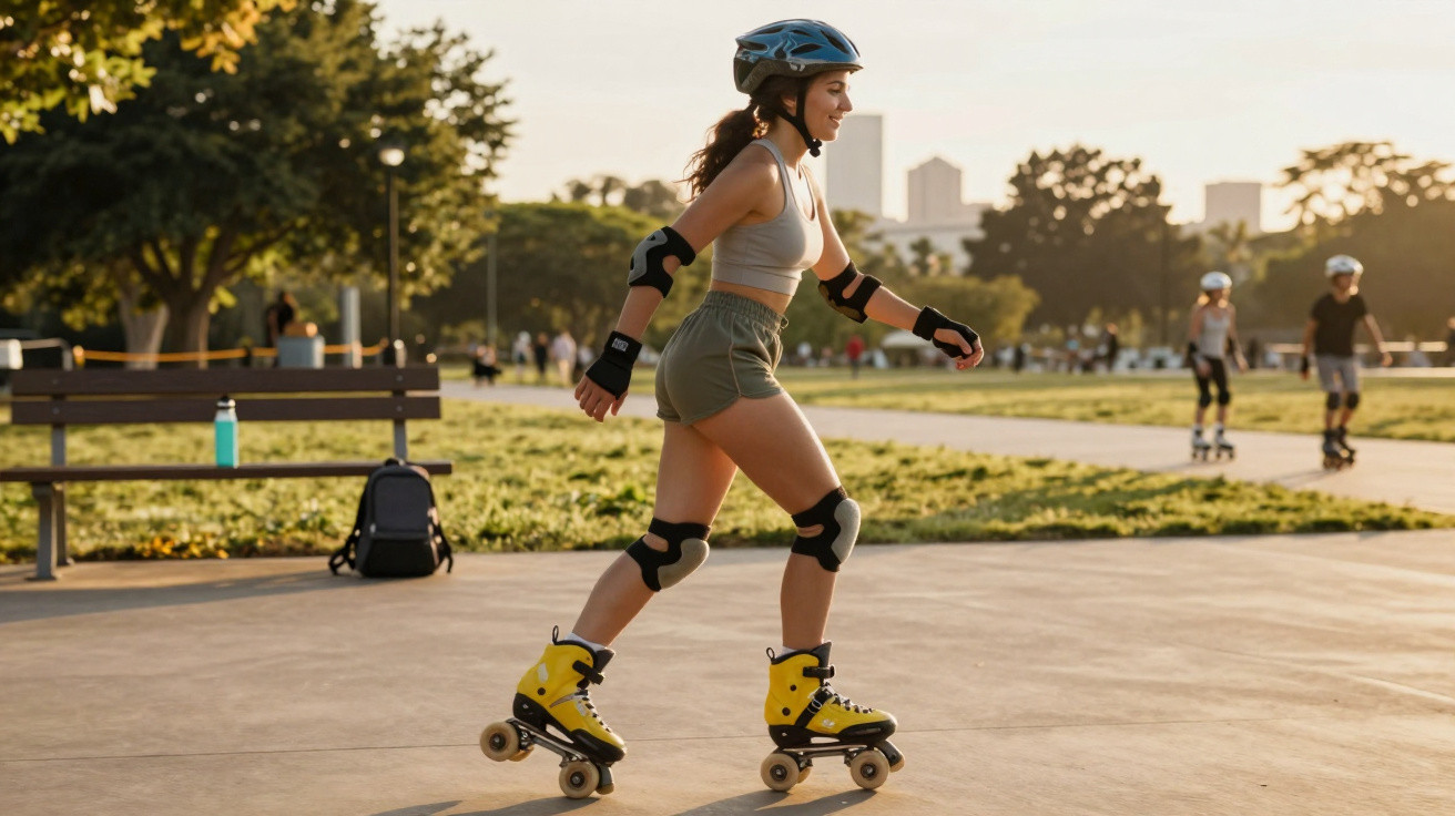 Mulher andando de patins amarelos em parque ao entardecer, usando capacete e equipamentos de proteção.