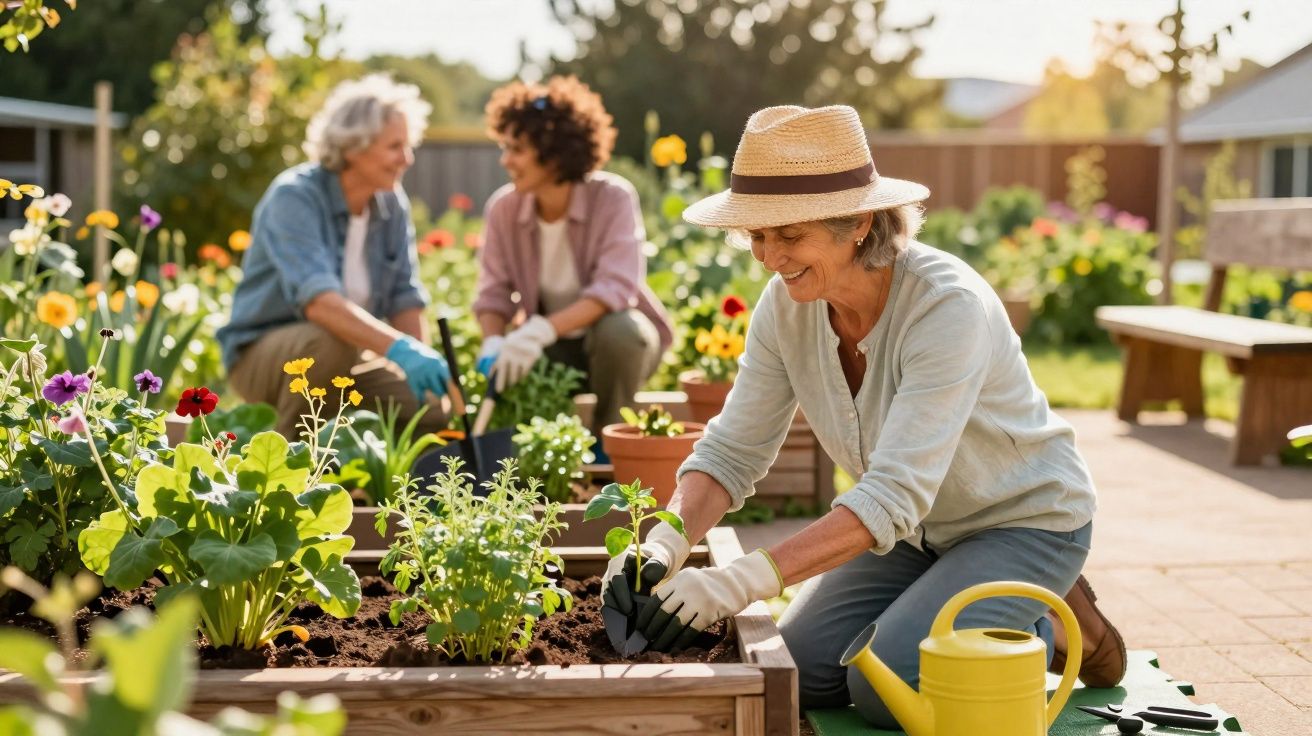 Duas mulheres plantando e cuidando de flores em canteiros elevados em um jardim ensolarado.