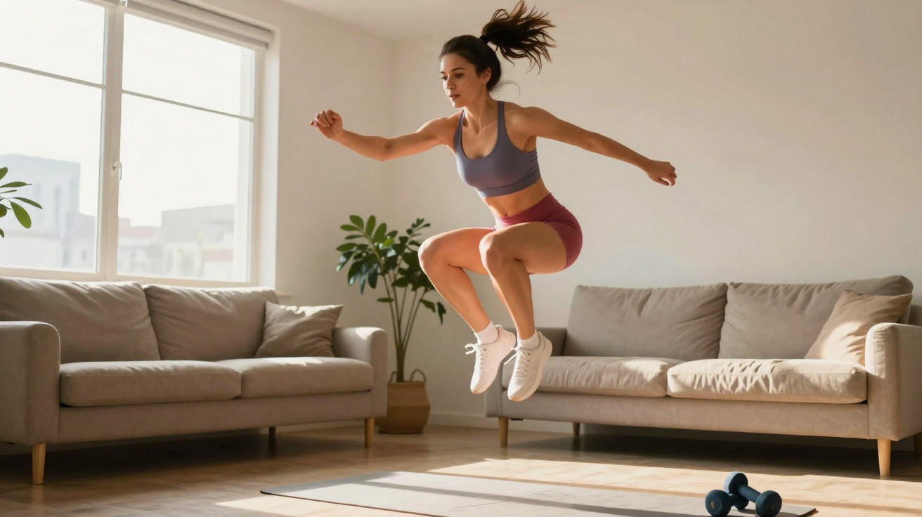 Mulher fazendo exercício de salto em sala de estar com dois sofás e halteres no chão.