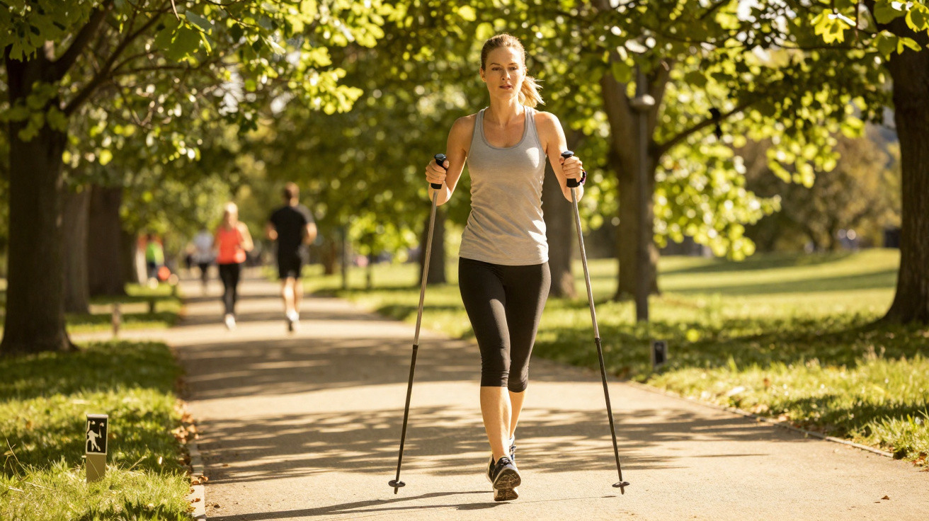 Mulher caminhando com bastões de caminhada em parque com árvores e outras pessoas ao fundo.
