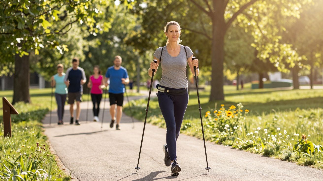 Mulher caminhando com bastões em parque ensolarado, com grupo ao fundo seguindo a mesma atividade.