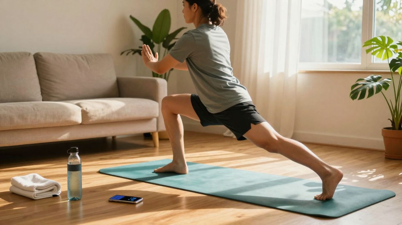 Pessoa fazendo alongamento ou exercício no tapete de yoga em sala iluminada com plantas e sofá ao fundo.