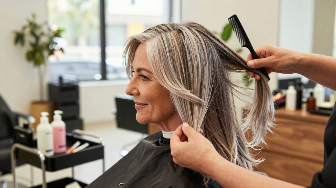 Mulher loira sorrindo enquanto profissional penteia seu cabelo em salão de beleza moderno.