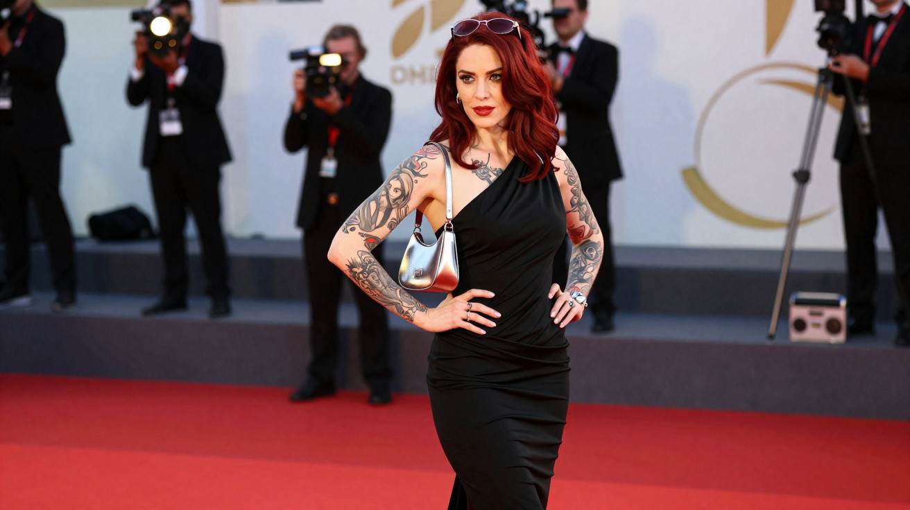 Mulher de cabelo ruivo, vestido preto e tatuagens posa no tapete vermelho com fotógrafos ao fundo.