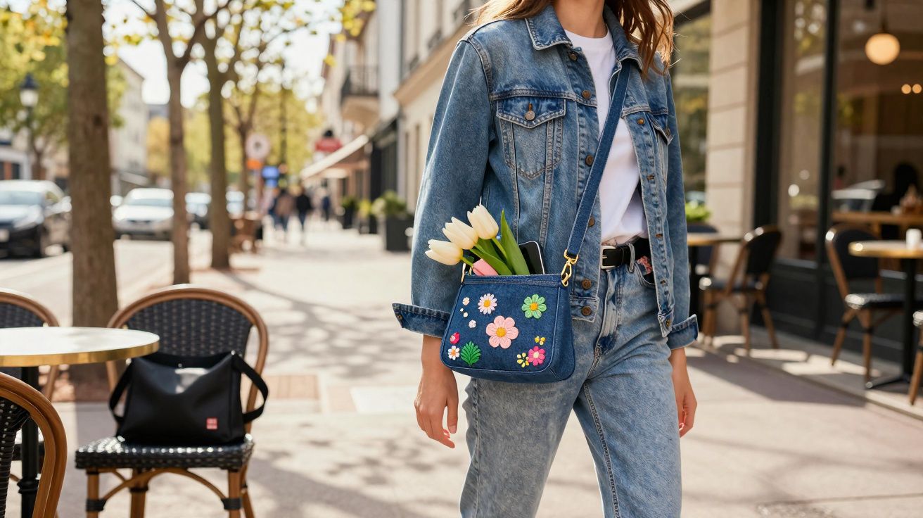 Mulher com jaqueta jeans e bolsa azul florida caminhando na calçada de rua ensolarada.